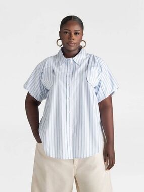 KBB By KAHLANA NWT Blue/White Convertible Sleeve Button Down Size XXL